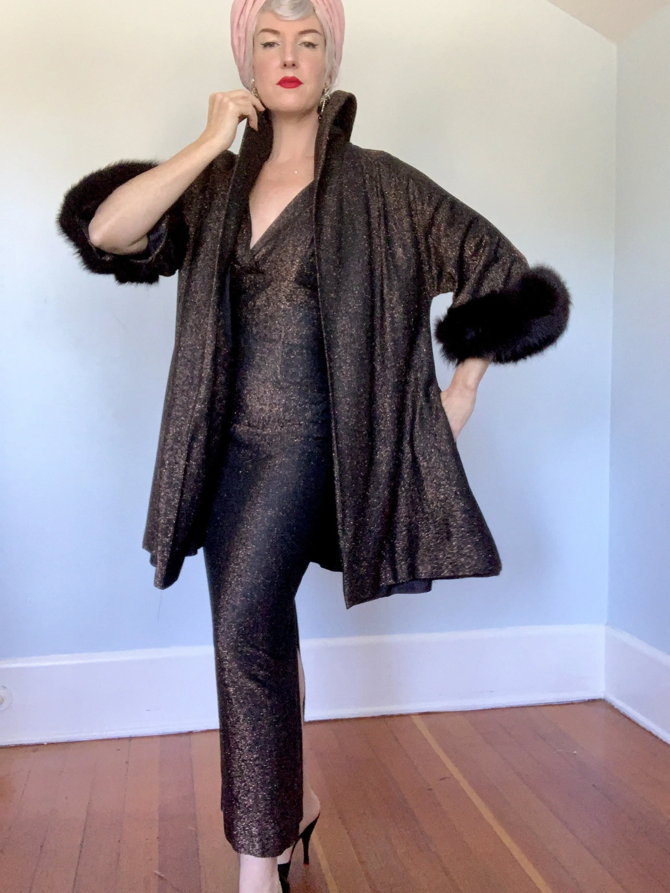 1950s 2 Piece Metallic Bronze Lurex Hourglass Evening Gown & Trapeze Coat w/ Fox Fur Trim by "Claralura Originals California"