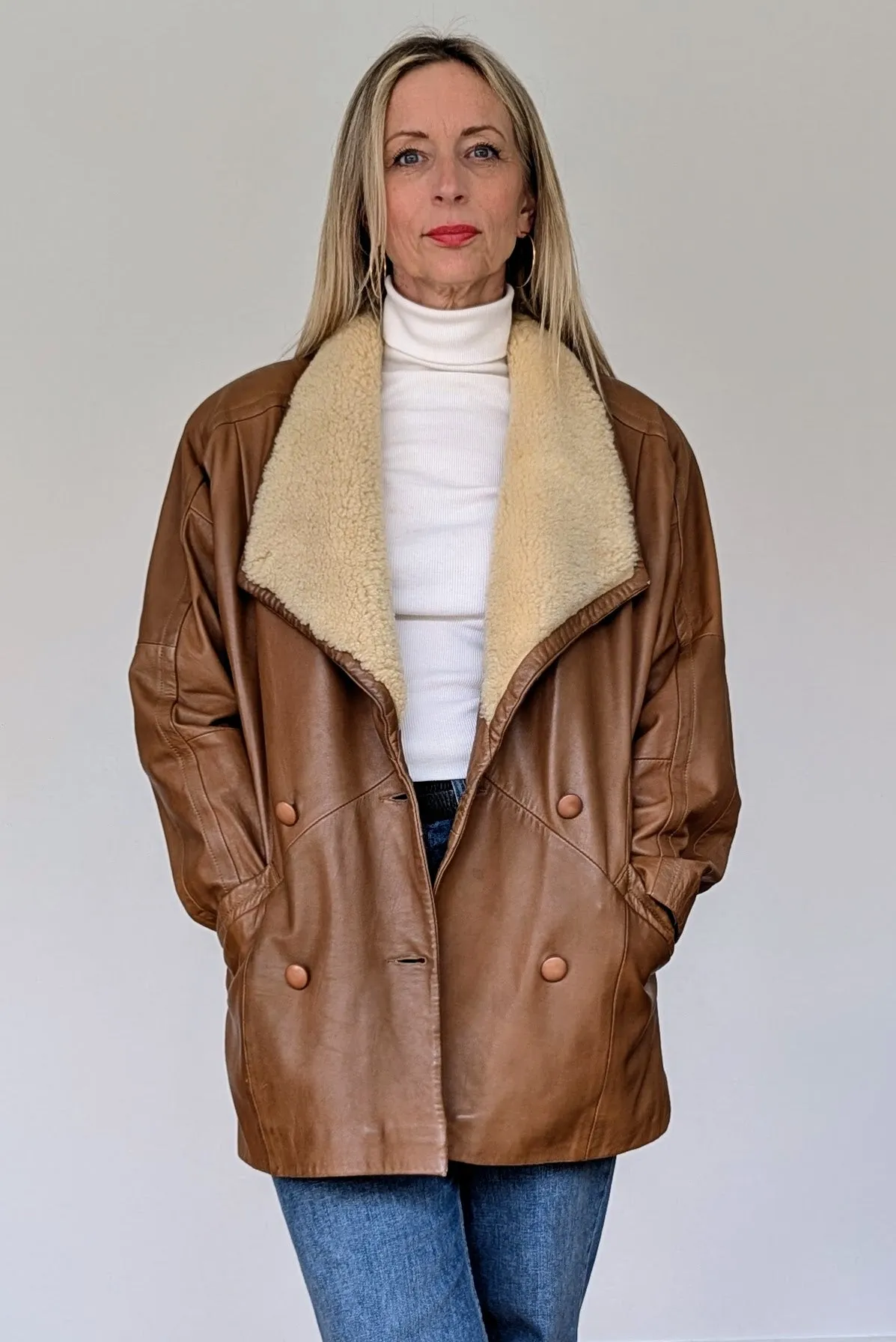 80s Oversized Leather Sheepskin Tan Coat