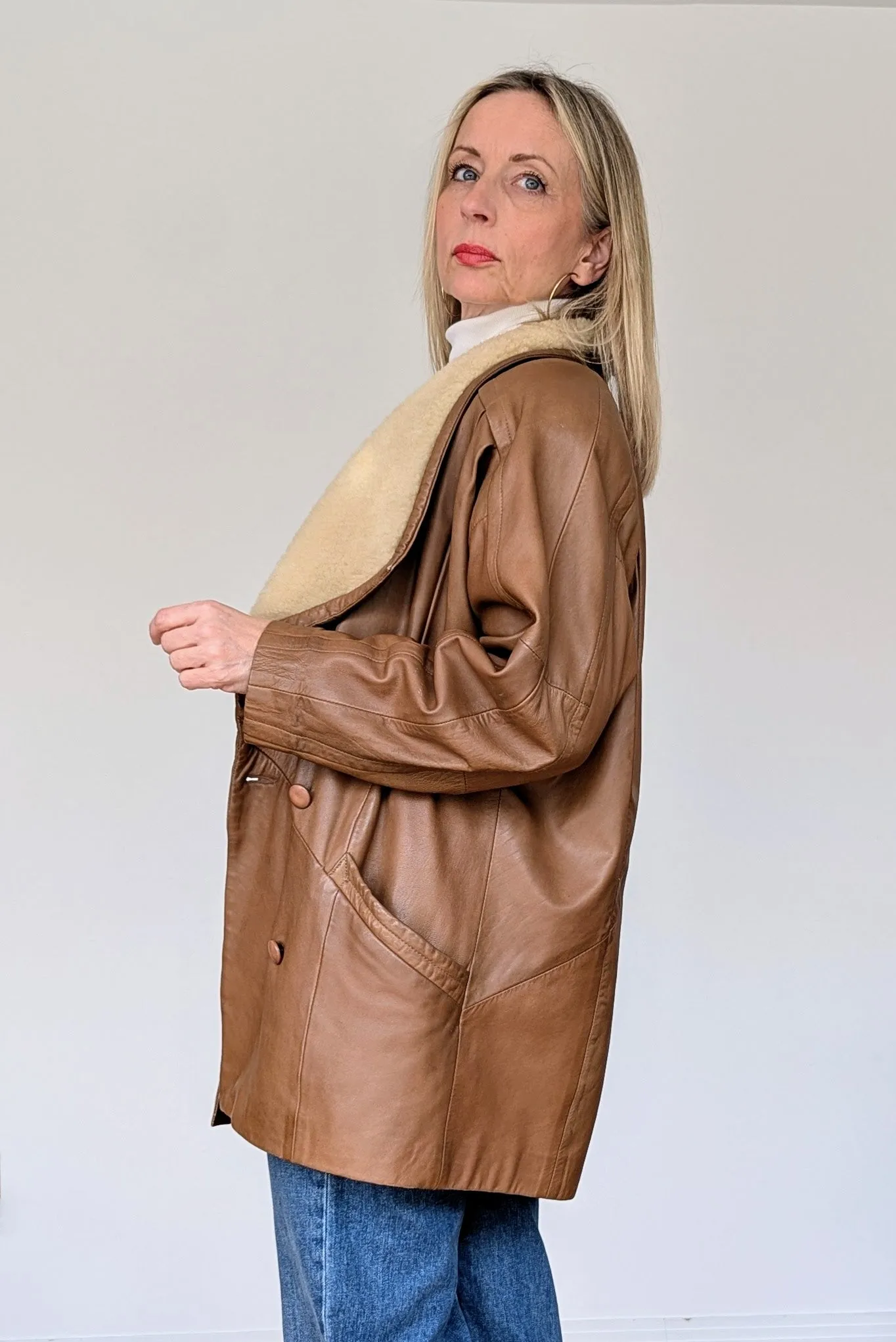 80s Oversized Leather Sheepskin Tan Coat