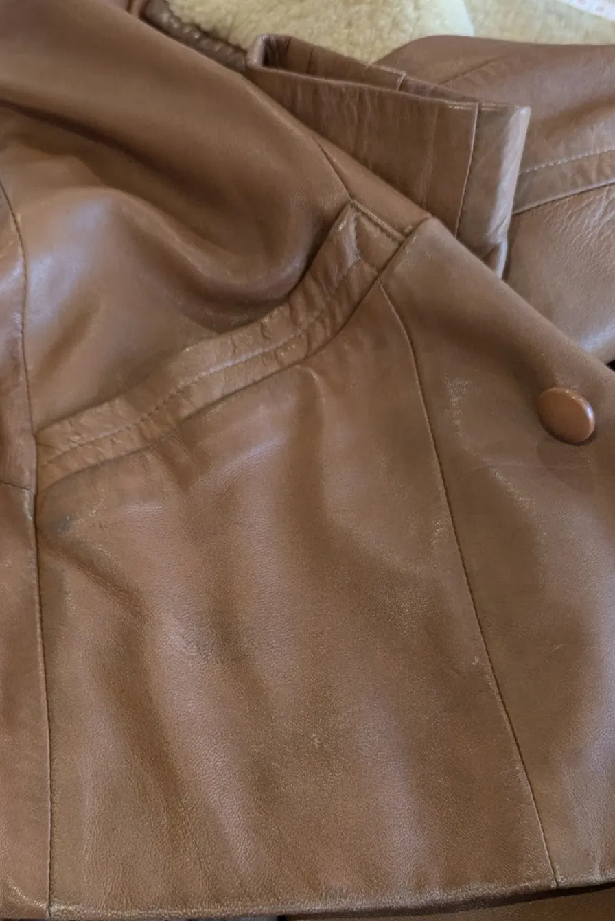 80s Oversized Leather Sheepskin Tan Coat