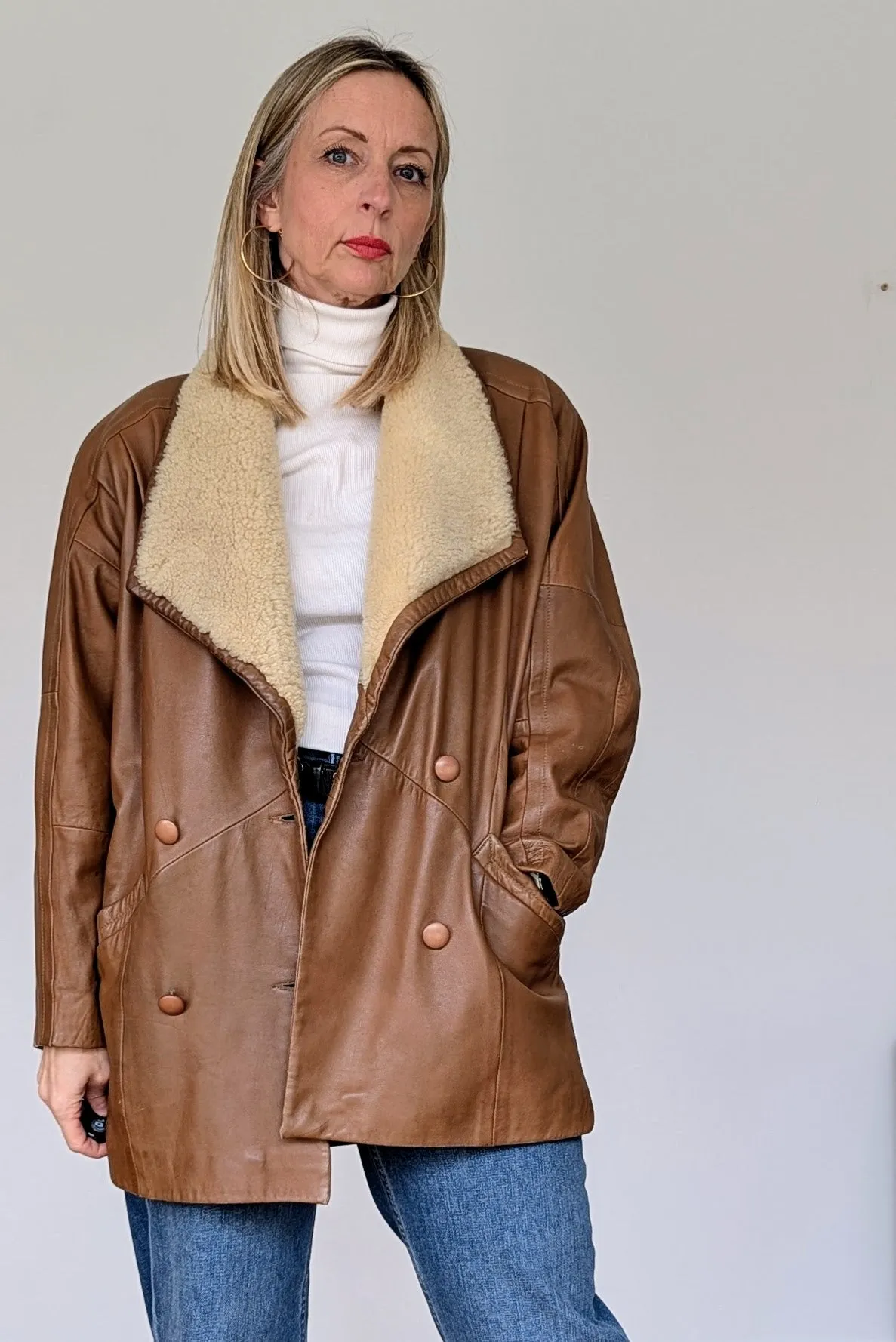 80s Oversized Leather Sheepskin Tan Coat