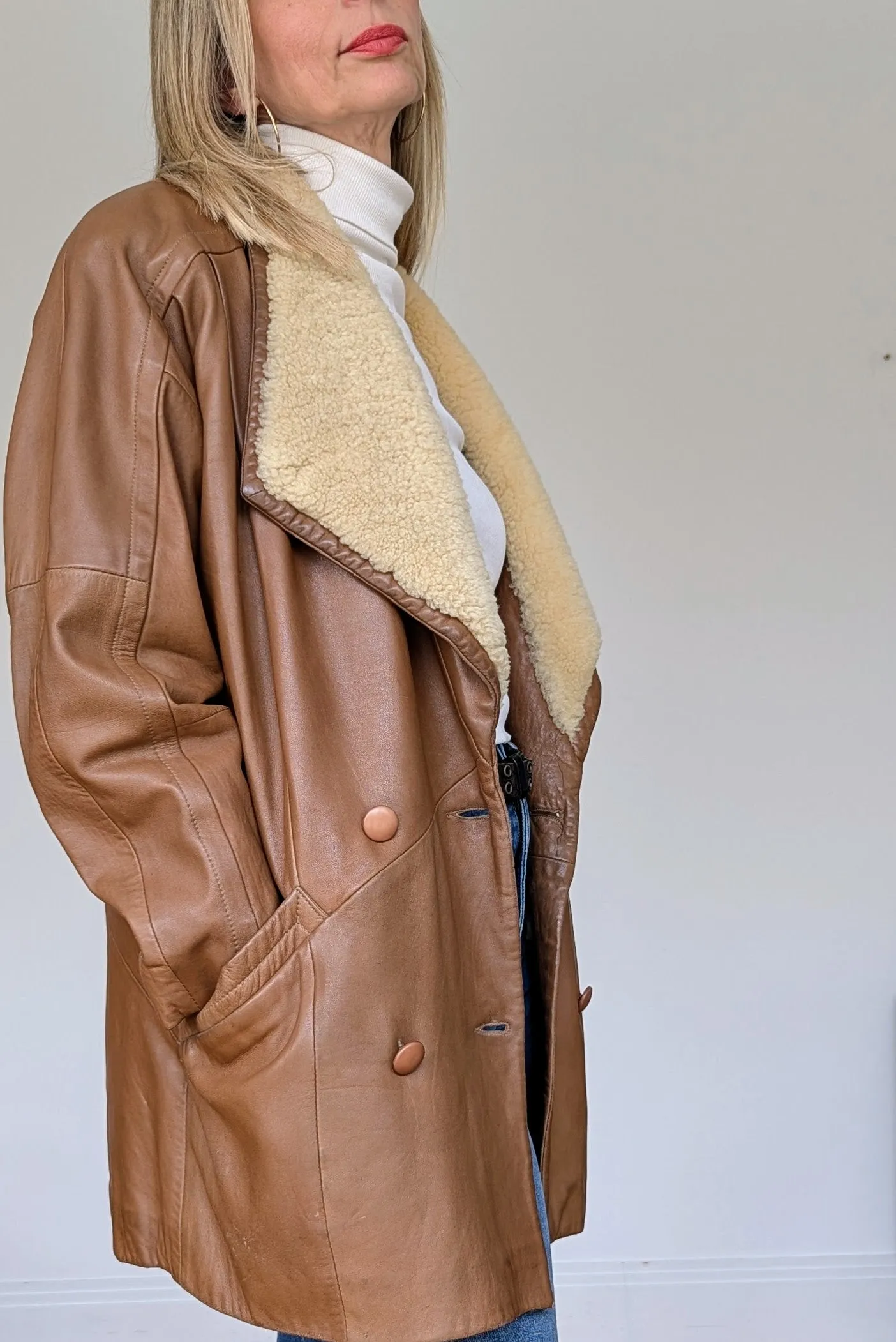 80s Oversized Leather Sheepskin Tan Coat