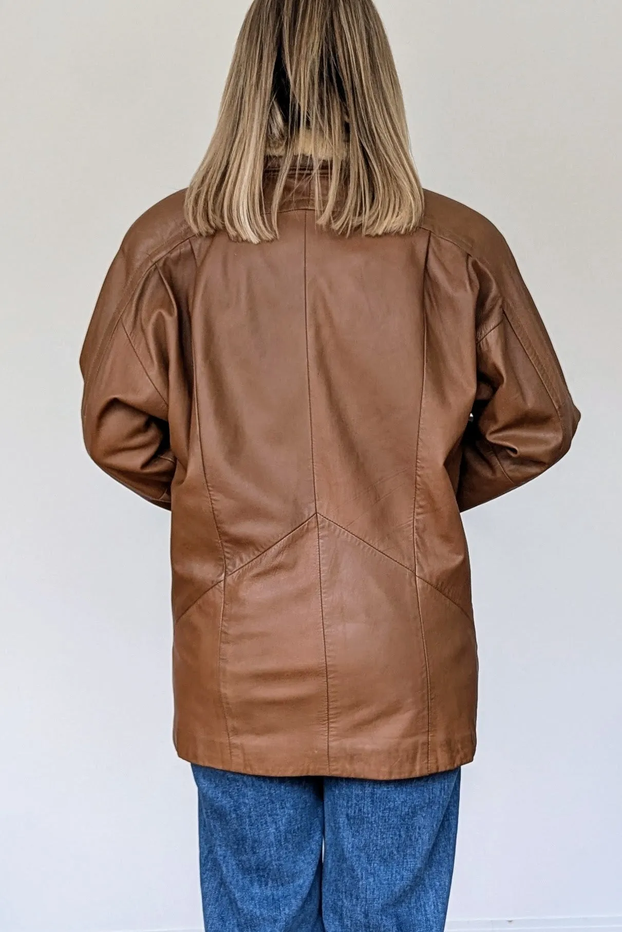 80s Oversized Leather Sheepskin Tan Coat