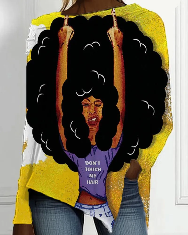 Afro Cartoon Personality Black Girl Print Irregular Long Sleeve Ladies Top
