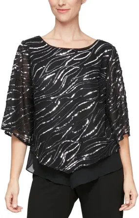 Alex Evenings Black Gunmetal 3/4 Sleeve Popover Sequin & Chiffon Blouse