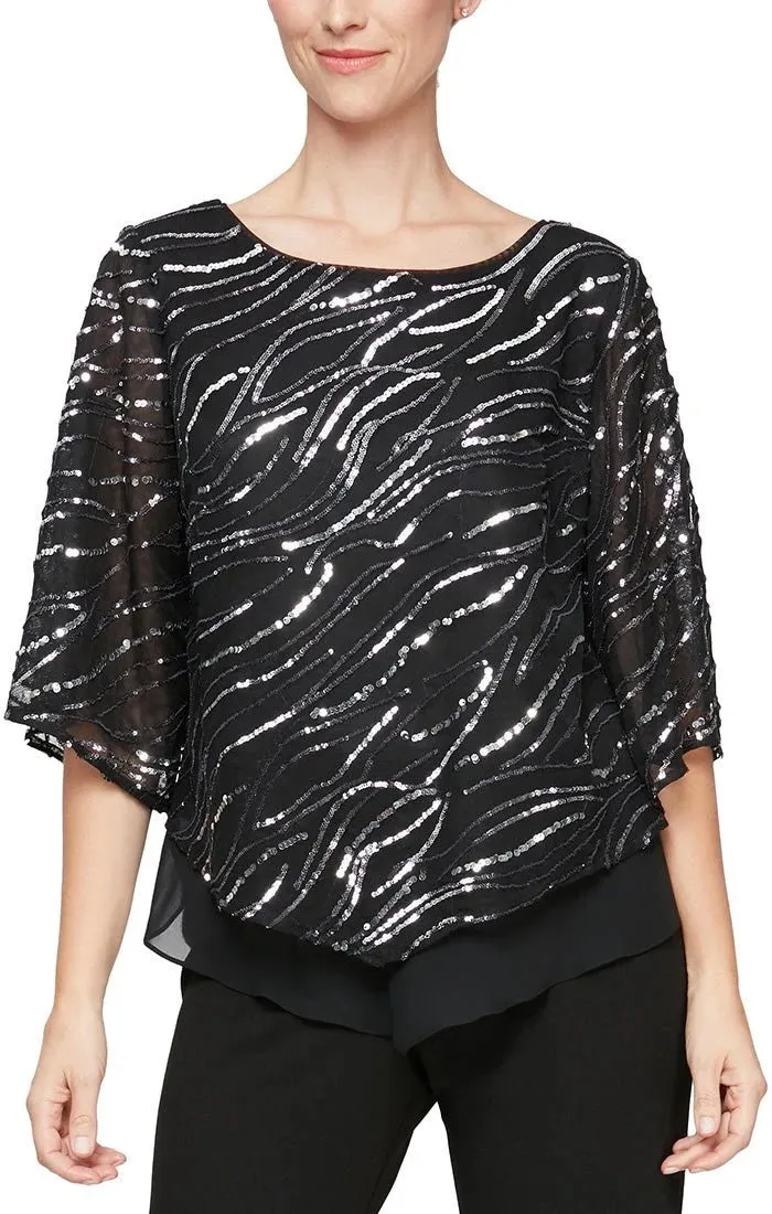 Alex Evenings Black Gunmetal 3/4 Sleeve Popover Sequin & Chiffon Blouse