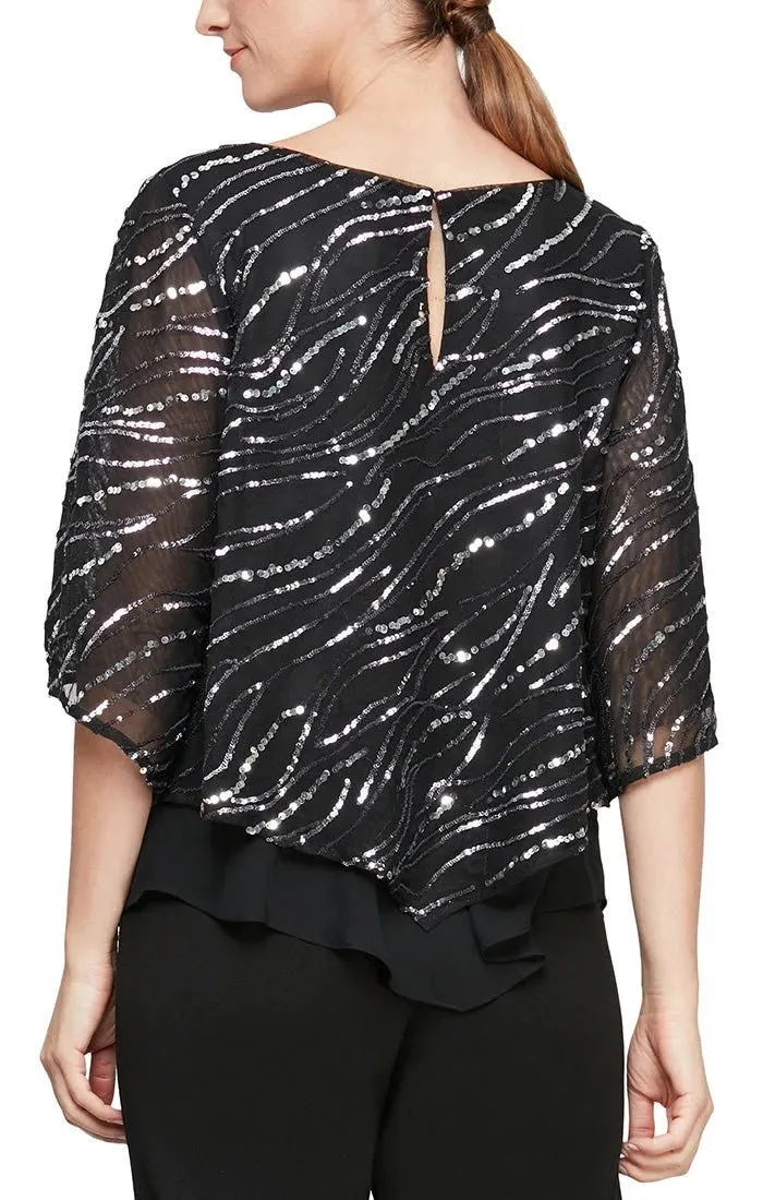 Alex Evenings Black Gunmetal 3/4 Sleeve Popover Sequin & Chiffon Blouse