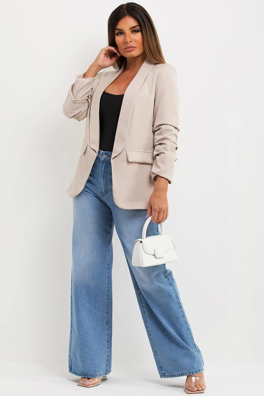 Beige Ruched Sleeve Blazer Jacket