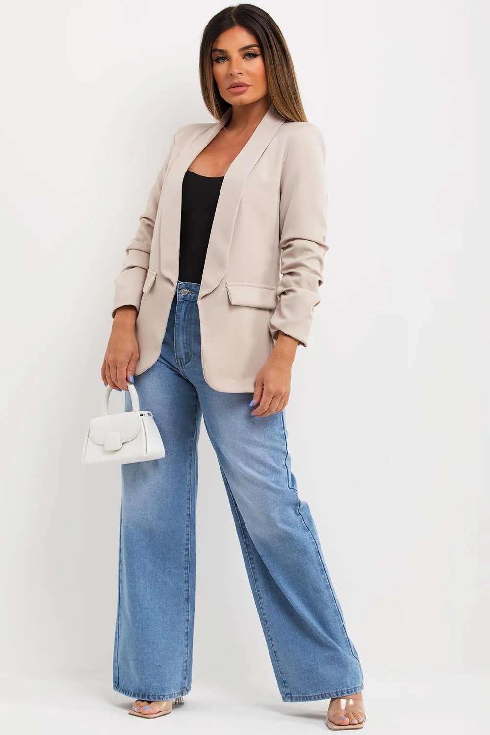Beige Ruched Sleeve Blazer Jacket