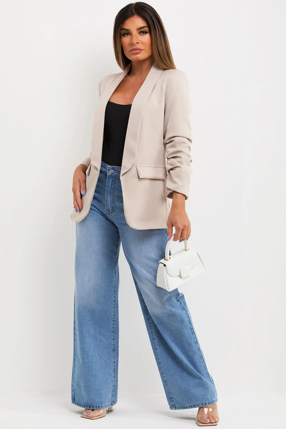 Beige Ruched Sleeve Blazer Jacket
