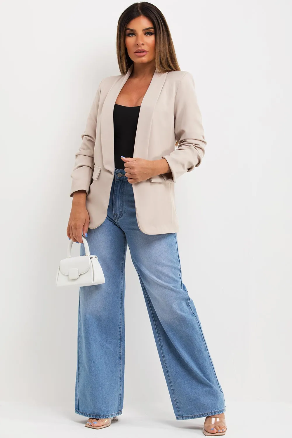 Beige Ruched Sleeve Blazer Jacket