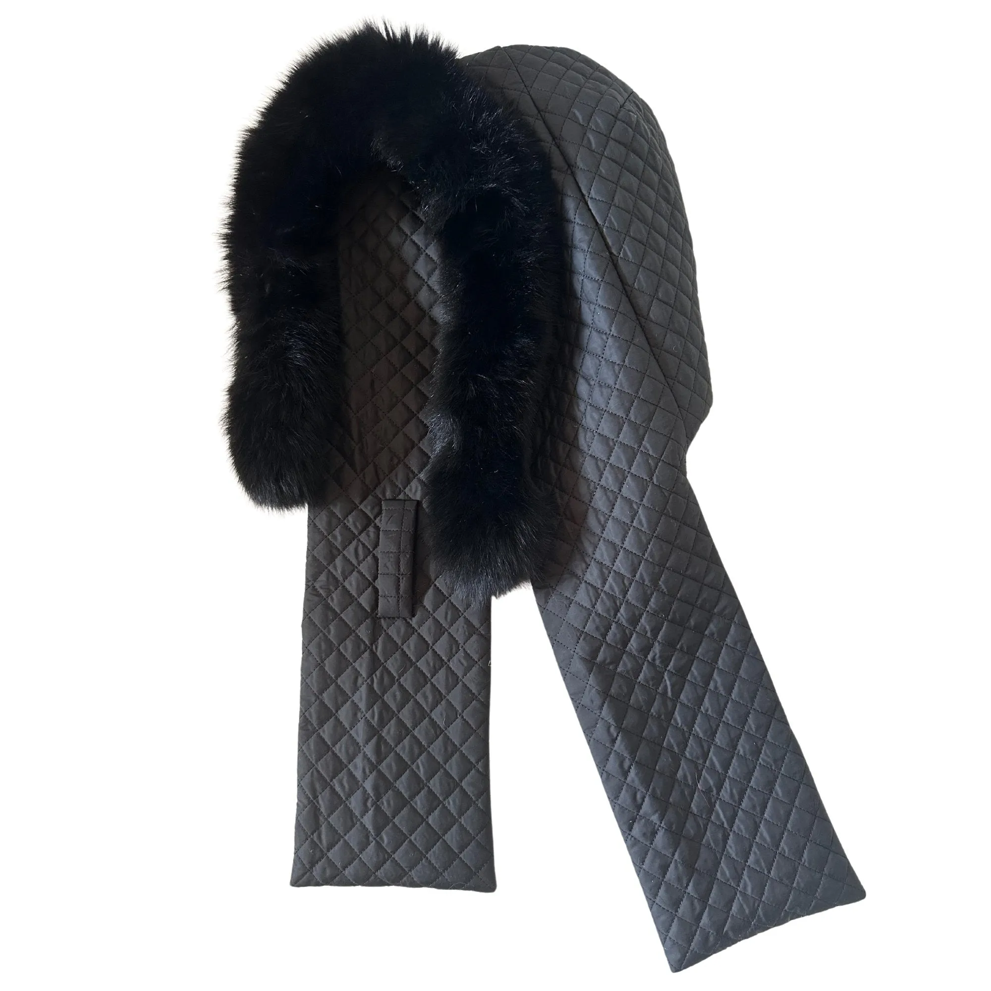 Black Hood Scarf Puffer Warm Quilted Downy Waterproof Padded Insulated Headdress With Natural Fur Trim