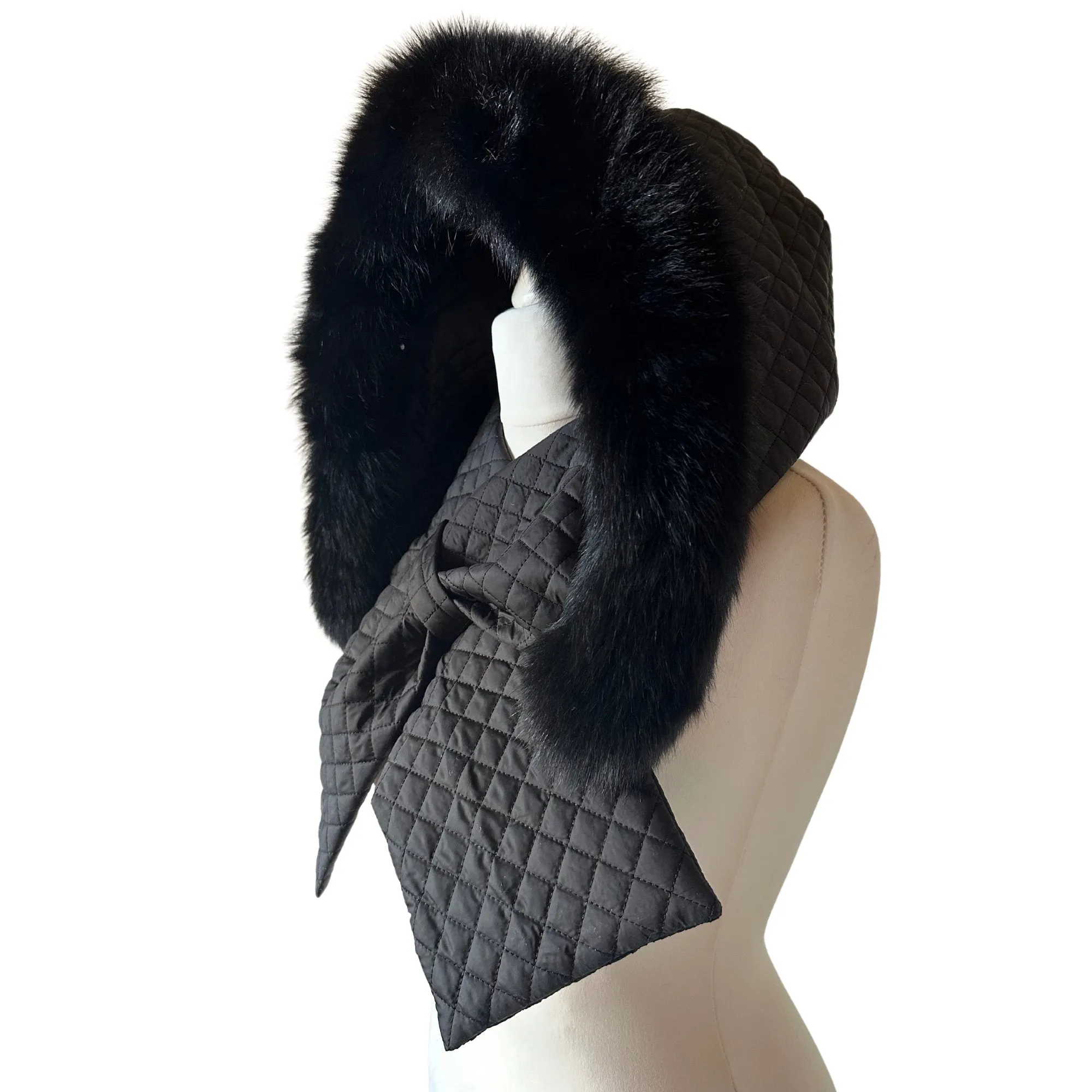 Black Hood Scarf Puffer Warm Quilted Downy Waterproof Padded Insulated Headdress With Natural Fur Trim