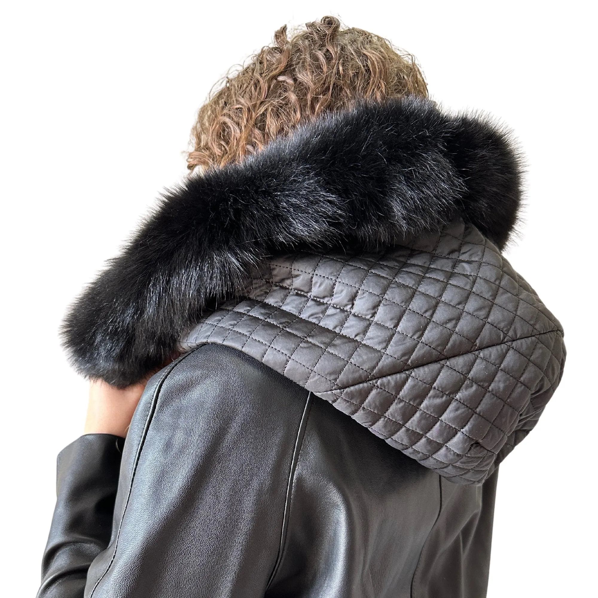 Black Hood Scarf Puffer Warm Quilted Downy Waterproof Padded Insulated Headdress With Natural Fur Trim