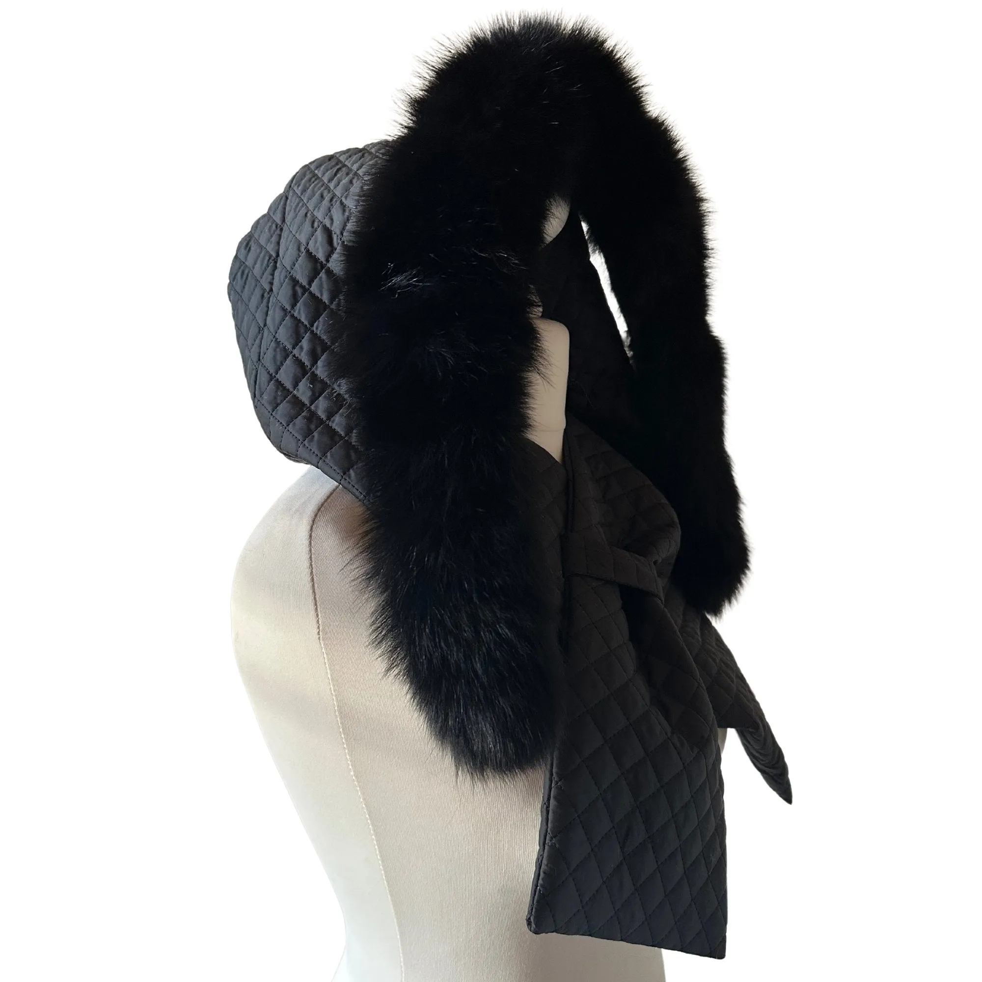 Black Hood Scarf Puffer Warm Quilted Downy Waterproof Padded Insulated Headdress With Natural Fur Trim