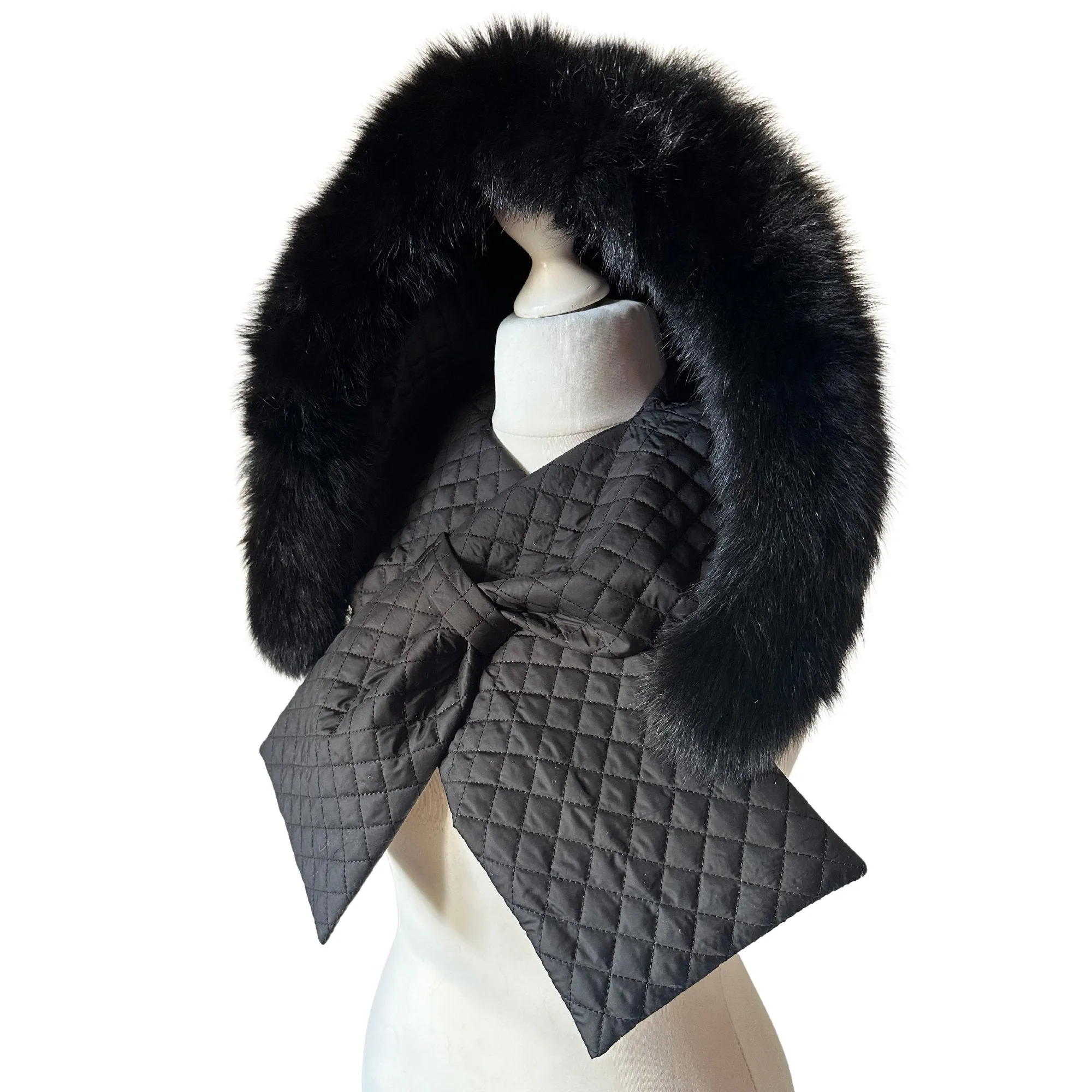 Black Hood Scarf Puffer Warm Quilted Downy Waterproof Padded Insulated Headdress With Natural Fur Trim
