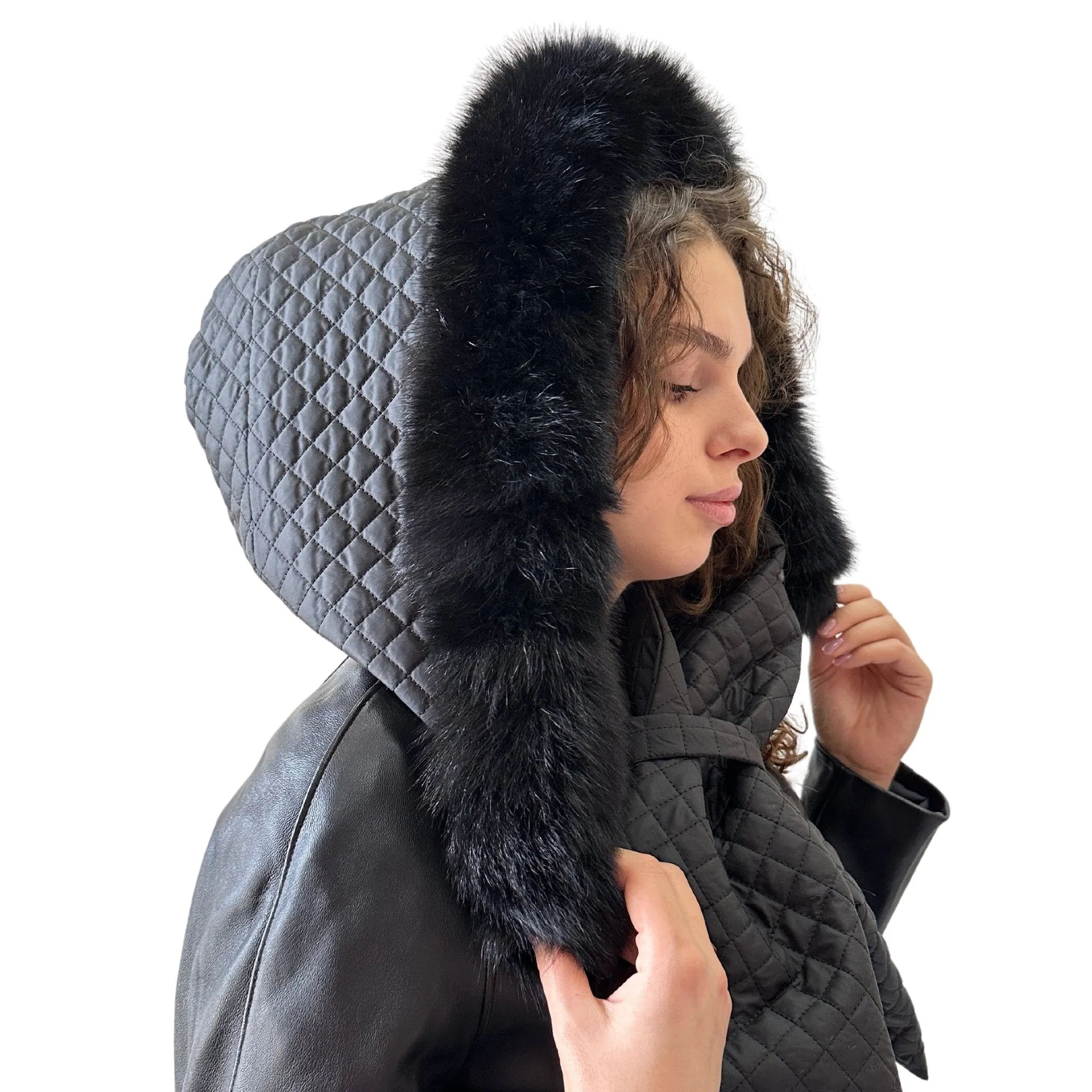 Black Hood Scarf Puffer Warm Quilted Downy Waterproof Padded Insulated Headdress With Natural Fur Trim