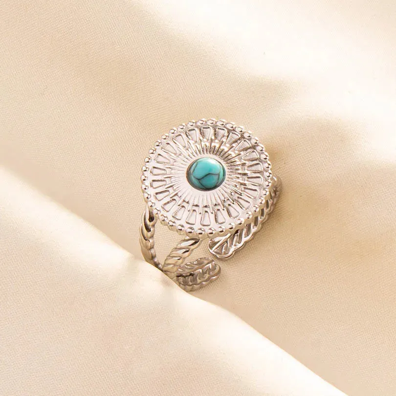 Boho Turquoise Adjustable Ring - Stainless Steel Ethnic Jewelry