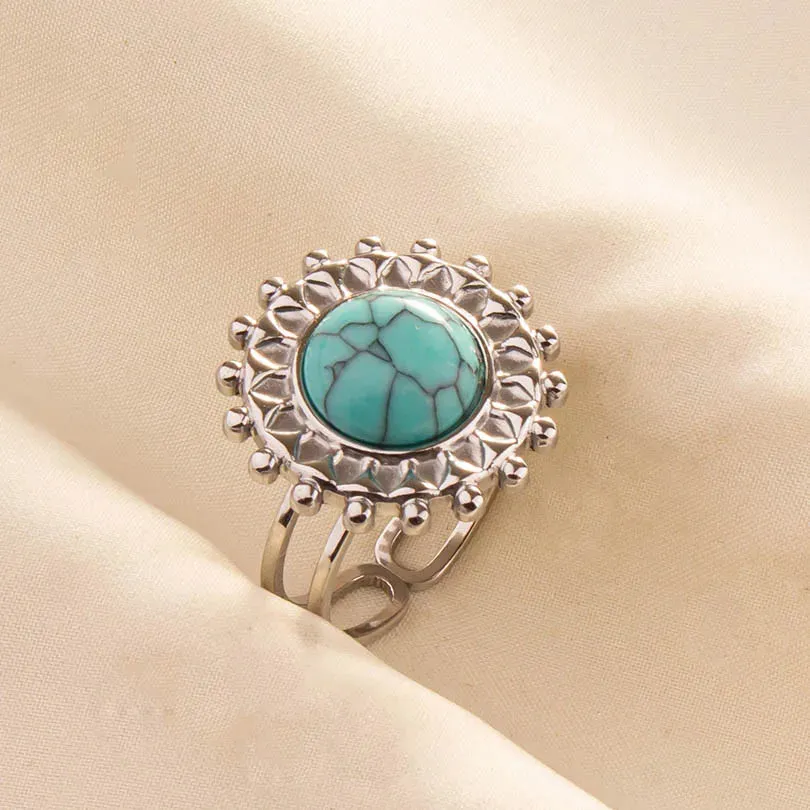 Boho Turquoise Adjustable Ring - Stainless Steel Ethnic Jewelry