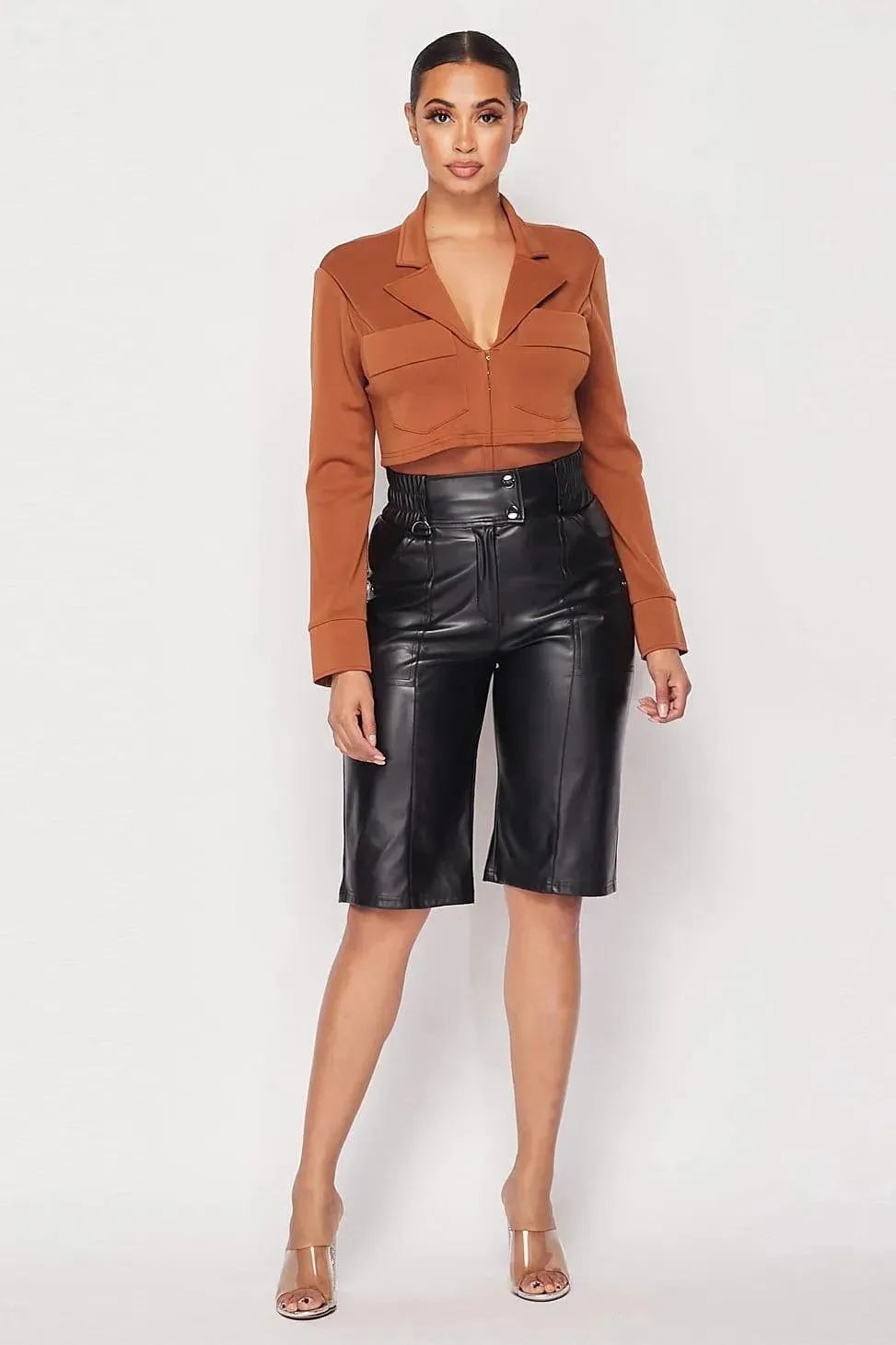 Deep-v Cropped Power Shoulder Blazer Bodysuit