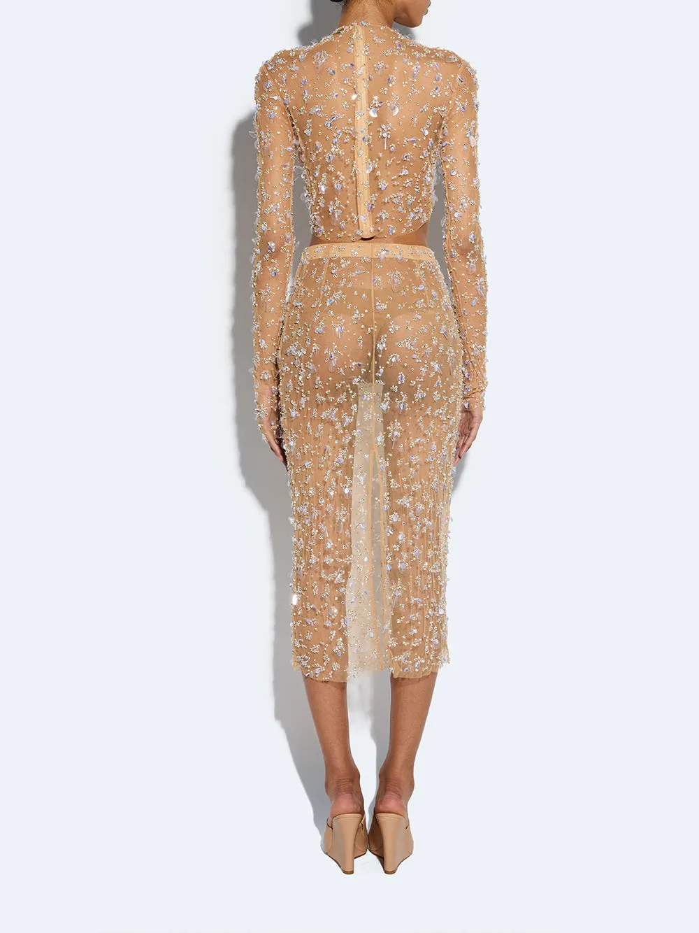 Embroidered Mesh Pencil Skirt