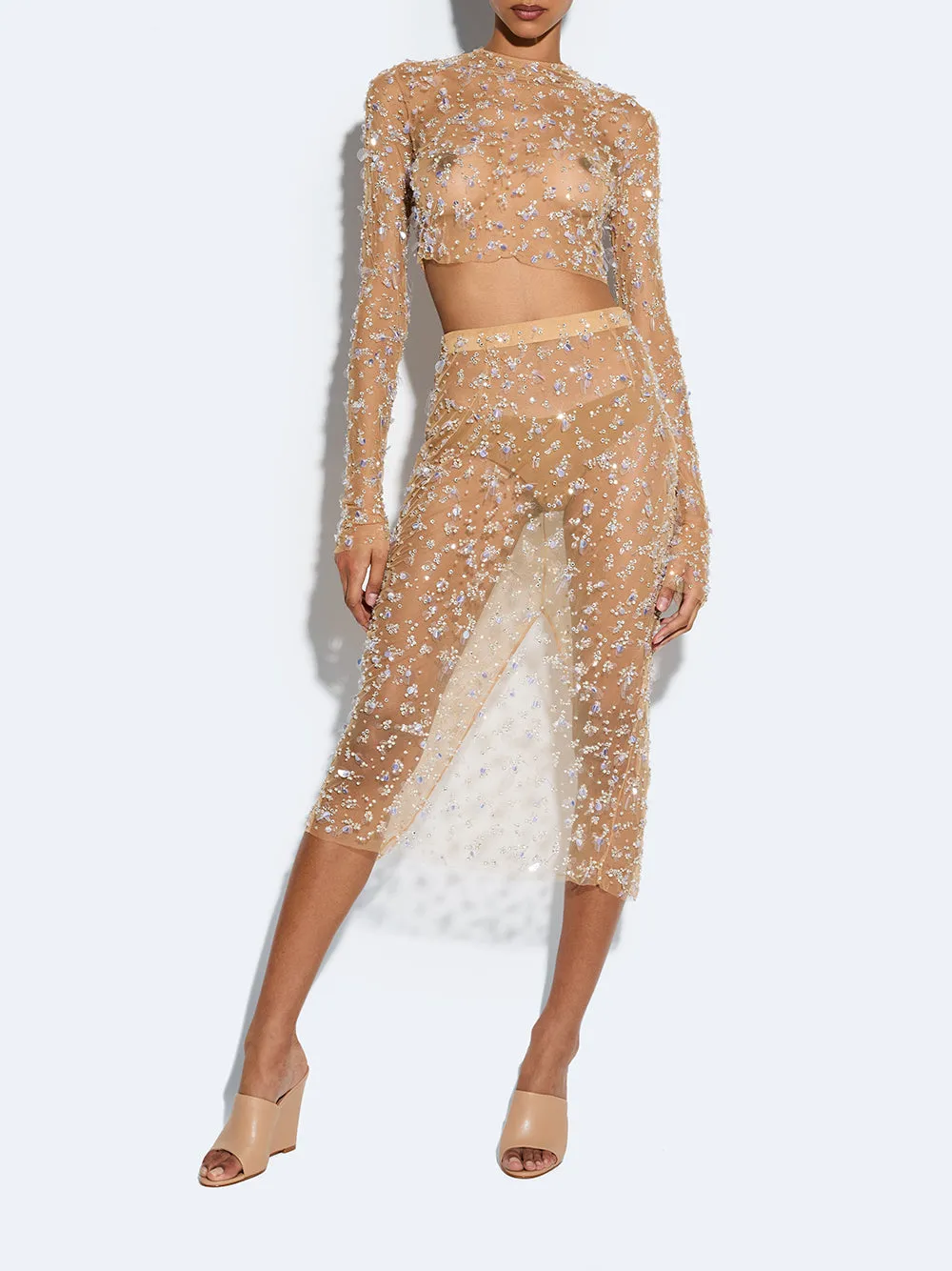 Embroidered Mesh Pencil Skirt