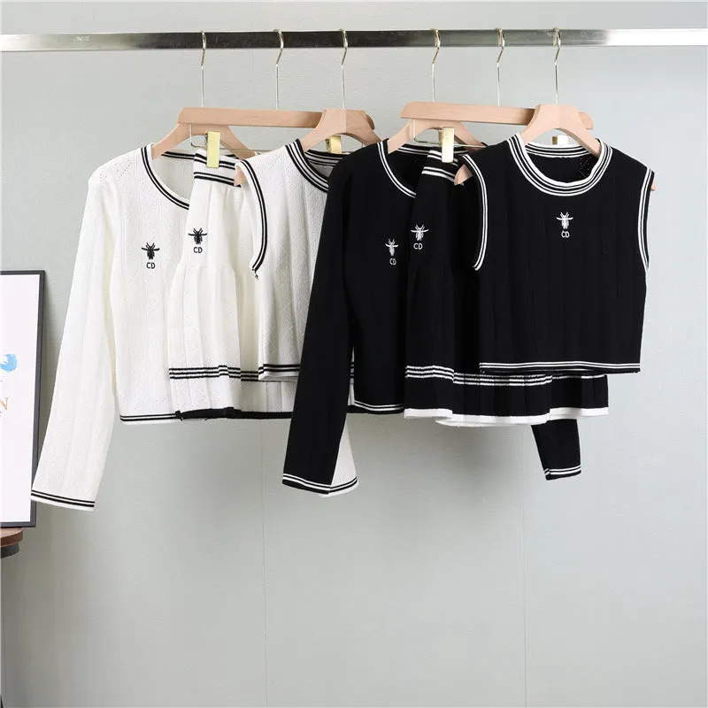 GBOLSOS  Xiaoxiangfeng set, knitted cardigan, suspender vest, women's New new waist pleated skirt three-piece set