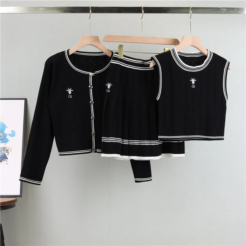 GBOLSOS  Xiaoxiangfeng set, knitted cardigan, suspender vest, women's New new waist pleated skirt three-piece set