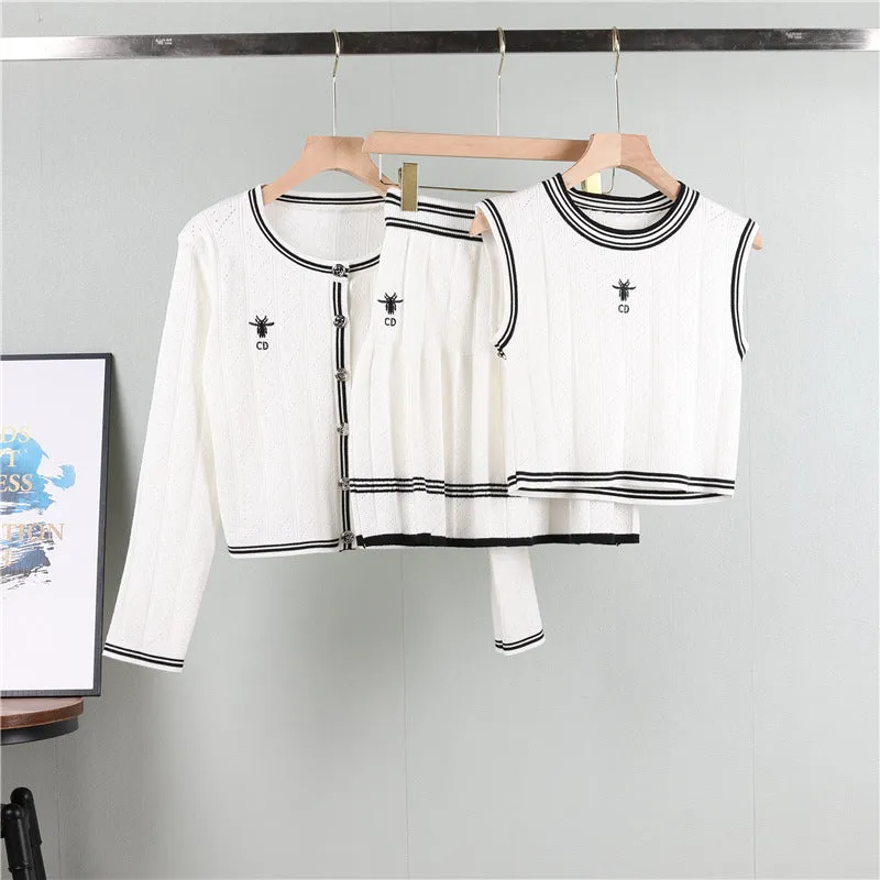 GBOLSOS  Xiaoxiangfeng set, knitted cardigan, suspender vest, women's New new waist pleated skirt three-piece set