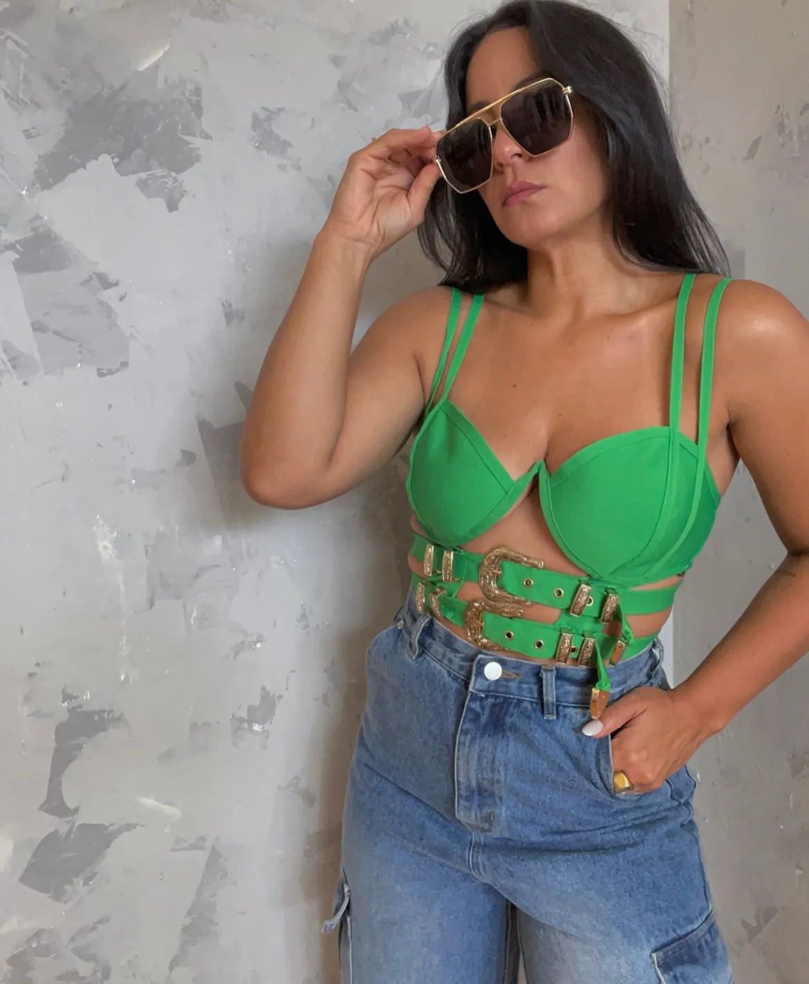 Green Buckle Detail Top