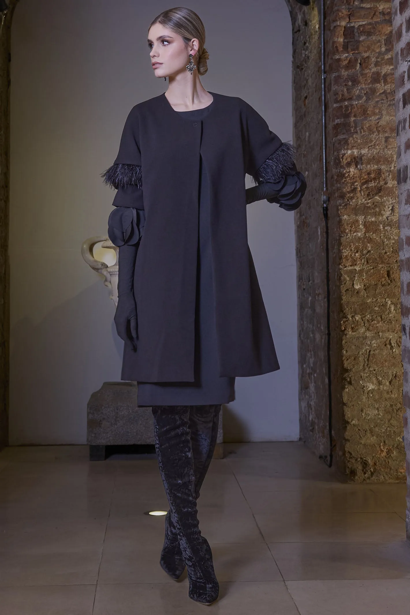 Kate Cooper 164 Black Coat Feather Trim Sleeve