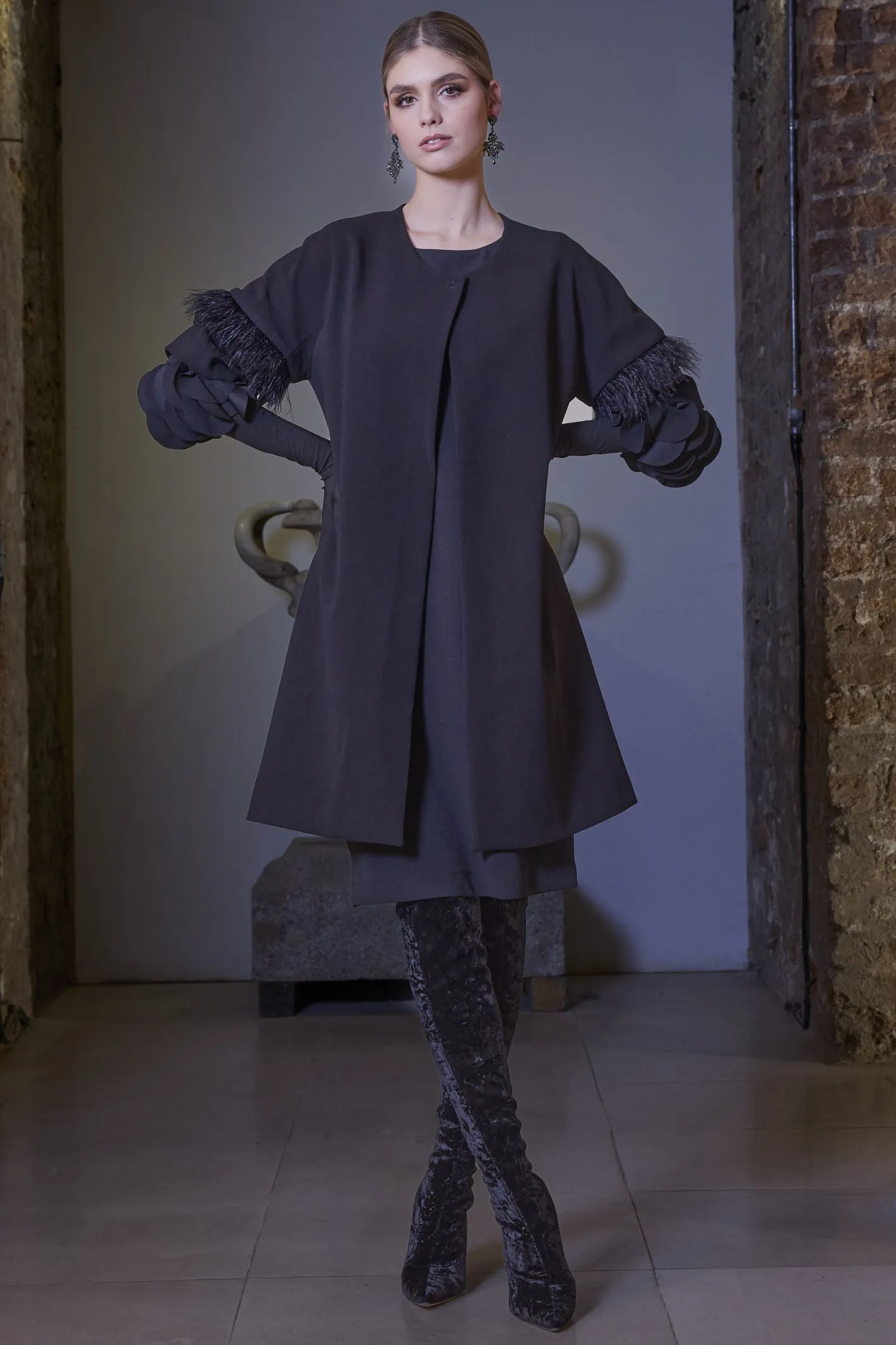 Kate Cooper 164 Black Coat Feather Trim Sleeve