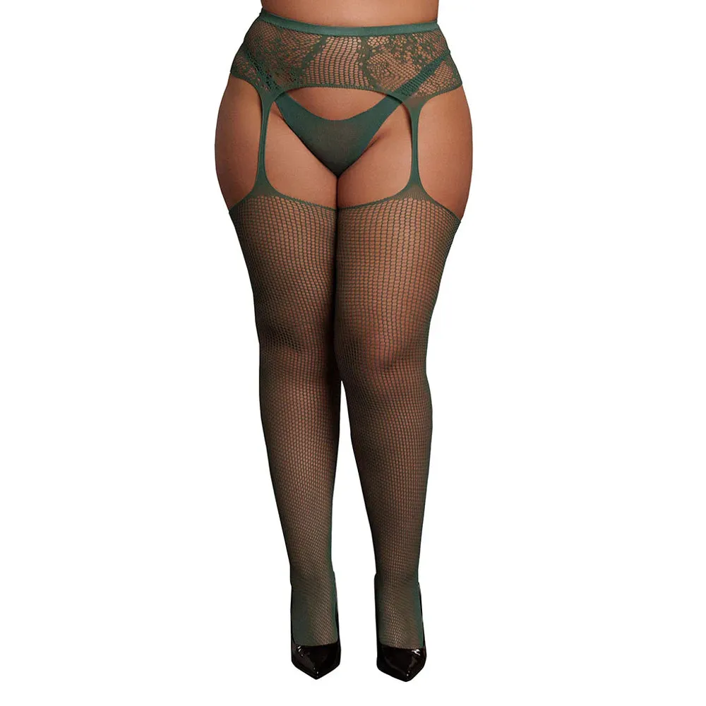 Le Désir Green Fishnet & Lace Garter Belt Combo XL