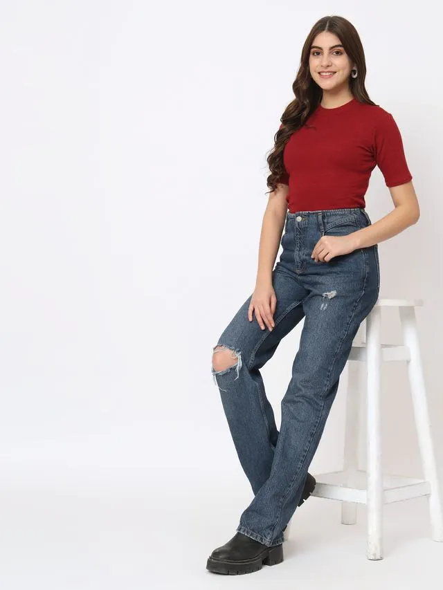 Maroon Solid Round Neck Regular Top