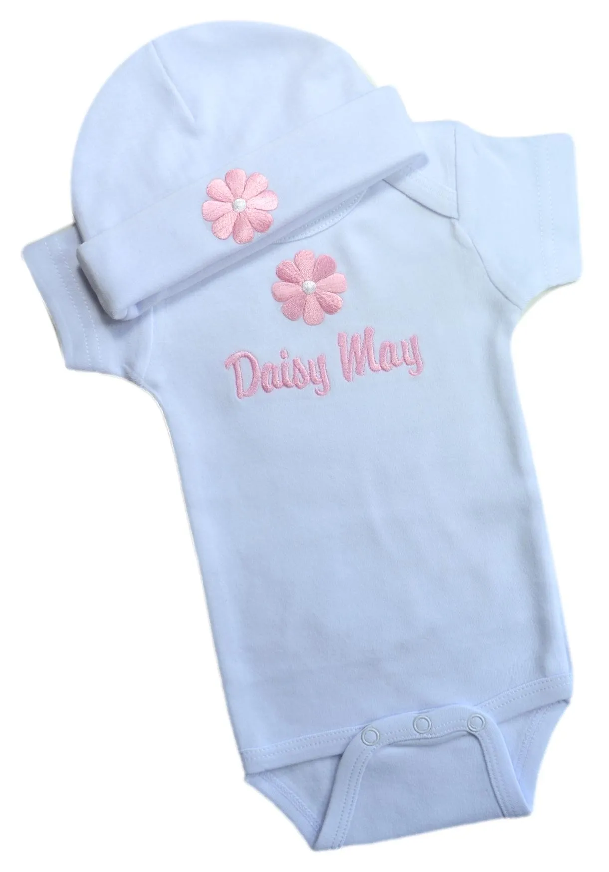 Personalized Embroidered Baby Girls Daisy Bodysuit with Matching Cotton Beanie