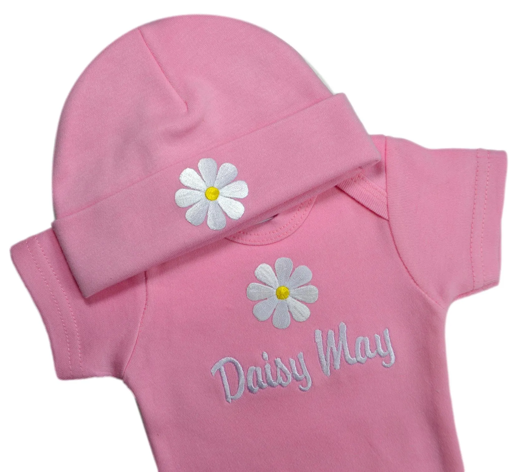 Personalized Embroidered Baby Girls Daisy Bodysuit with Matching Cotton Beanie