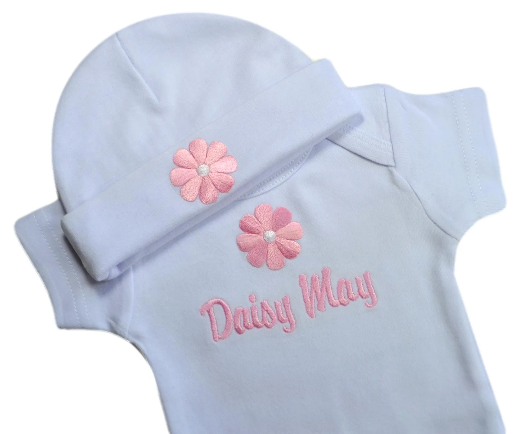 Personalized Embroidered Baby Girls Daisy Bodysuit with Matching Cotton Beanie