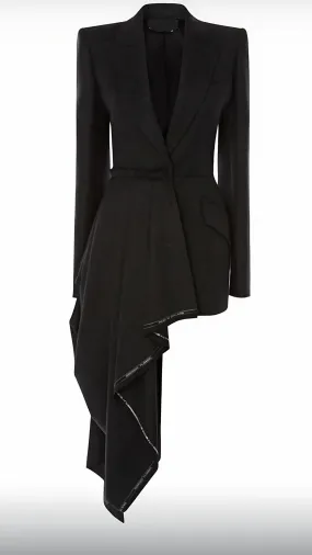 Plain Black Coat Dress with One-Side Long Drape and Silver Lining