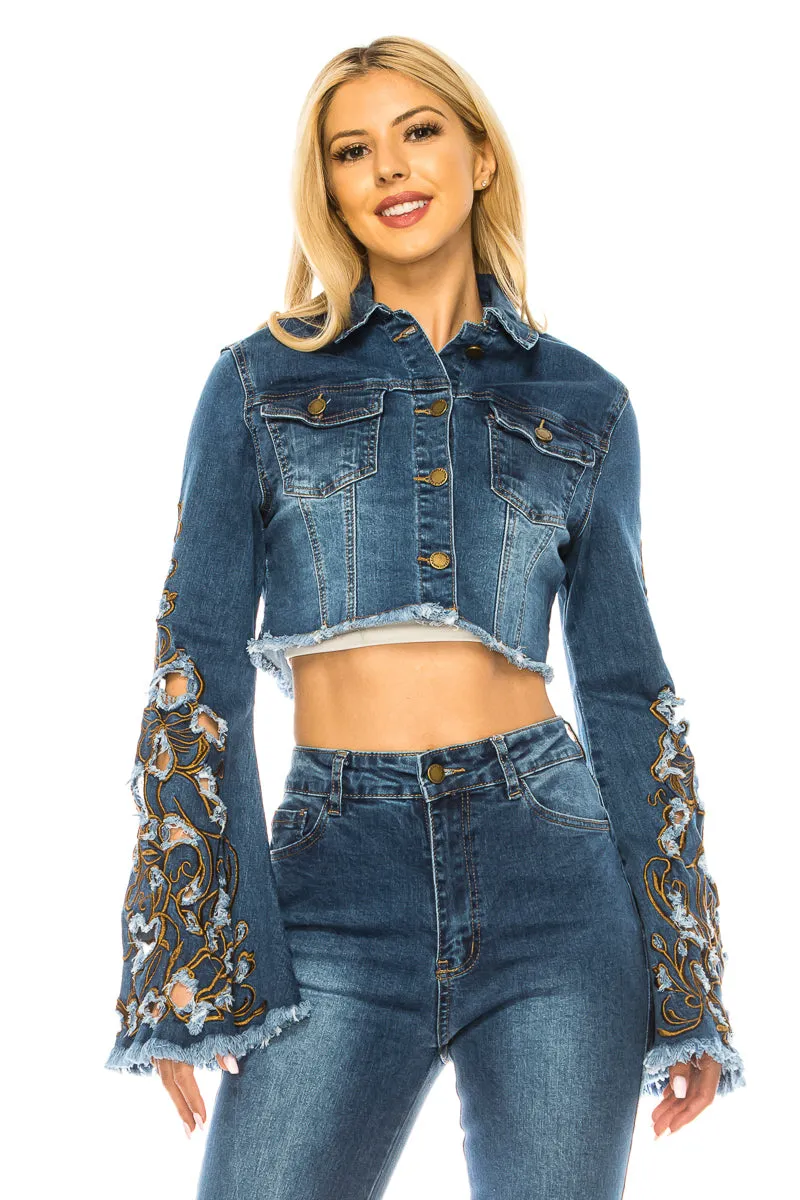 Purple Candy Jeans Women Denim Cropped Jacket Embroidered Long Sleeve Stretch Medium BLue