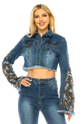 Purple Candy Jeans Women Denim Cropped Jacket Embroidered Long Sleeve Stretch Medium BLue