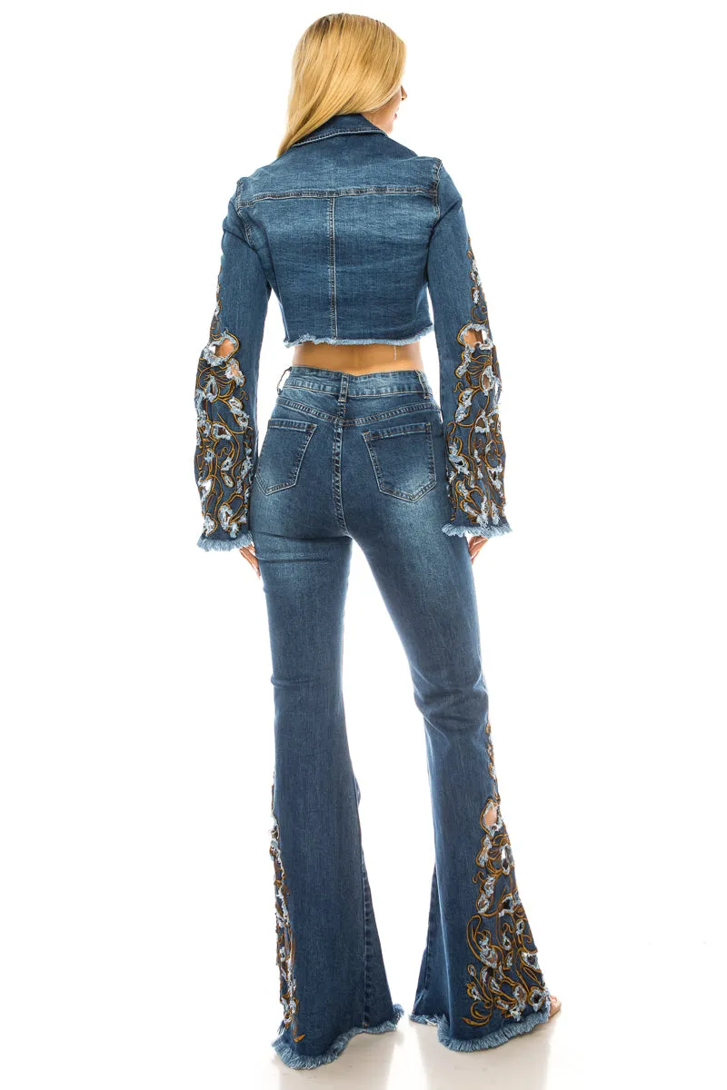 Purple Candy Jeans Women Denim Cropped Jacket Embroidered Long Sleeve Stretch Medium BLue