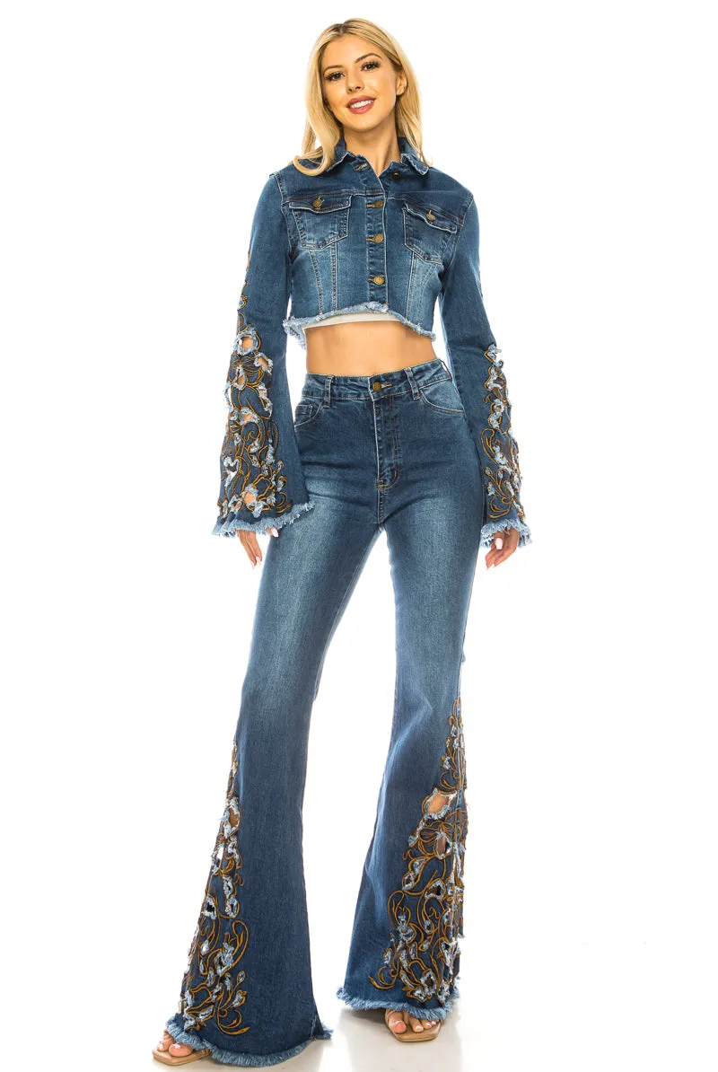 Purple Candy Jeans Women Denim Cropped Jacket Embroidered Long Sleeve Stretch Medium BLue