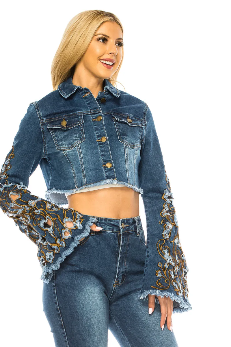 Purple Candy Jeans Women Denim Cropped Jacket Embroidered Long Sleeve Stretch Medium BLue