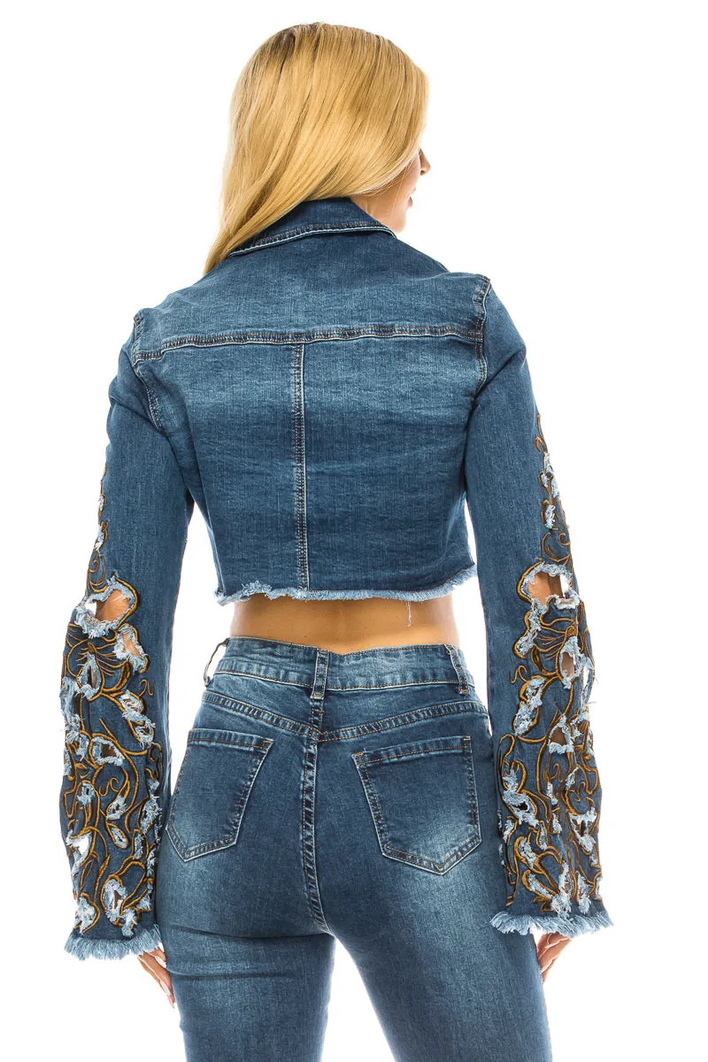 Purple Candy Jeans Women Denim Cropped Jacket Embroidered Long Sleeve Stretch Medium BLue