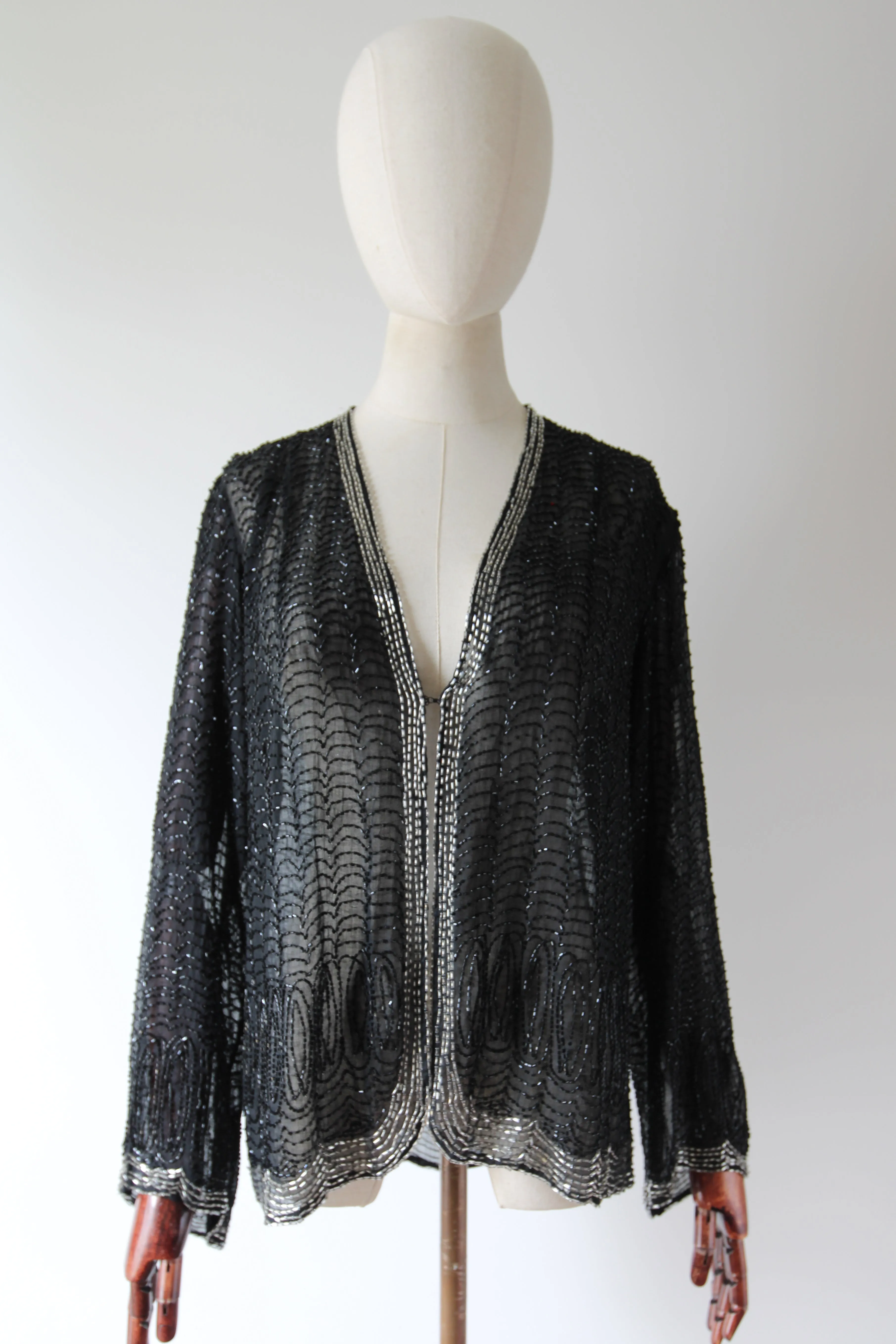 "Midnight Serenade" Vintage 1920's Black & Silver Scalloped Beaded Jacket UK 10-12 US 6-8