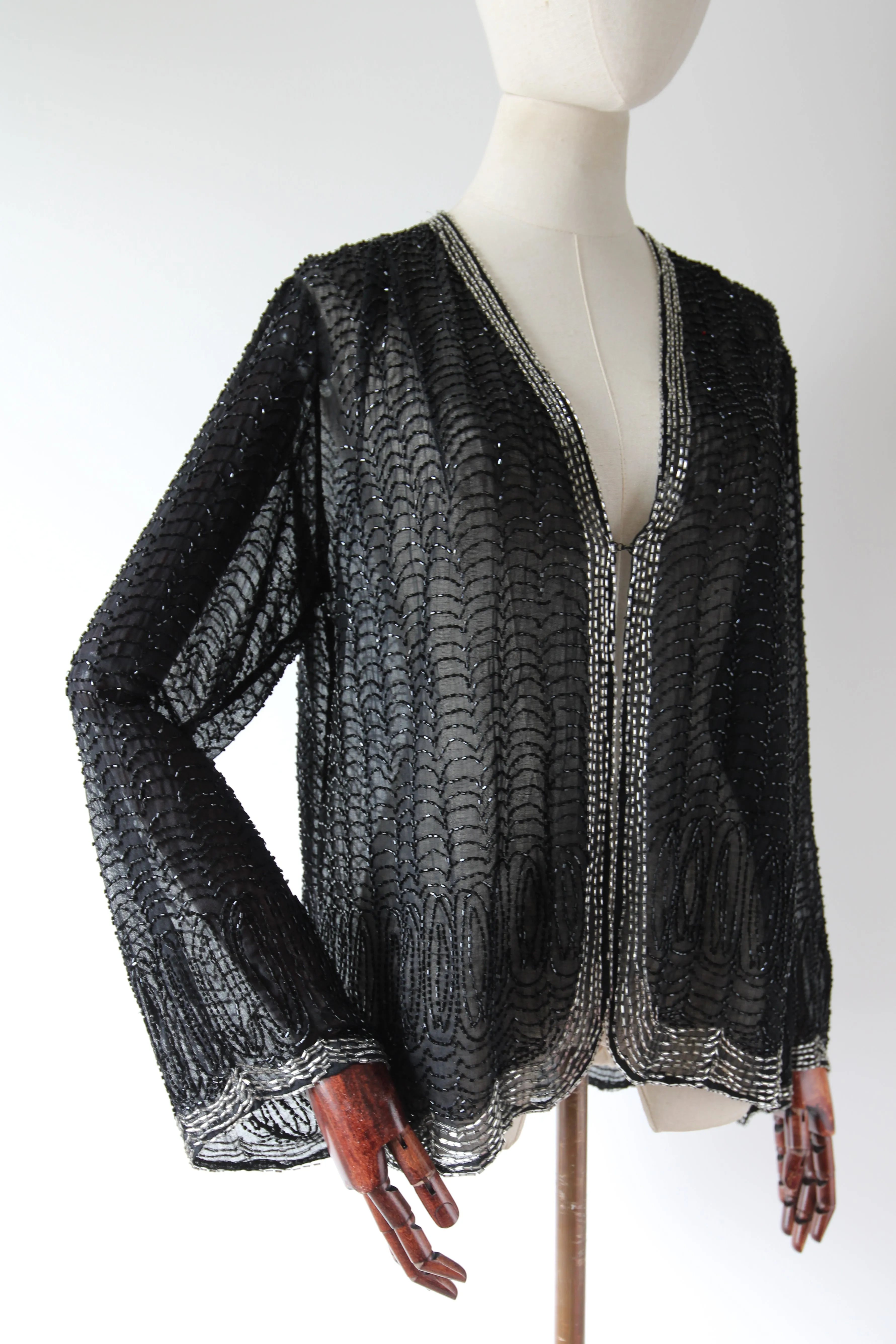 "Midnight Serenade" Vintage 1920's Black & Silver Scalloped Beaded Jacket UK 10-12 US 6-8