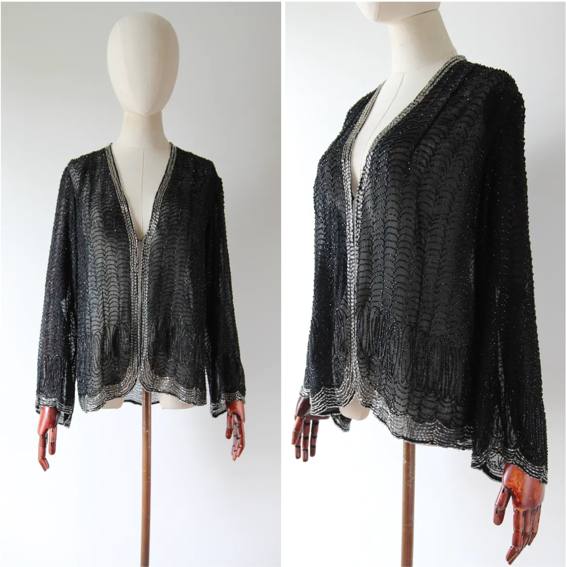 "Midnight Serenade" Vintage 1920's Black & Silver Scalloped Beaded Jacket UK 10-12 US 6-8