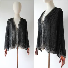 "Midnight Serenade" Vintage 1920's Black & Silver Scalloped Beaded Jacket UK 10-12 US 6-8