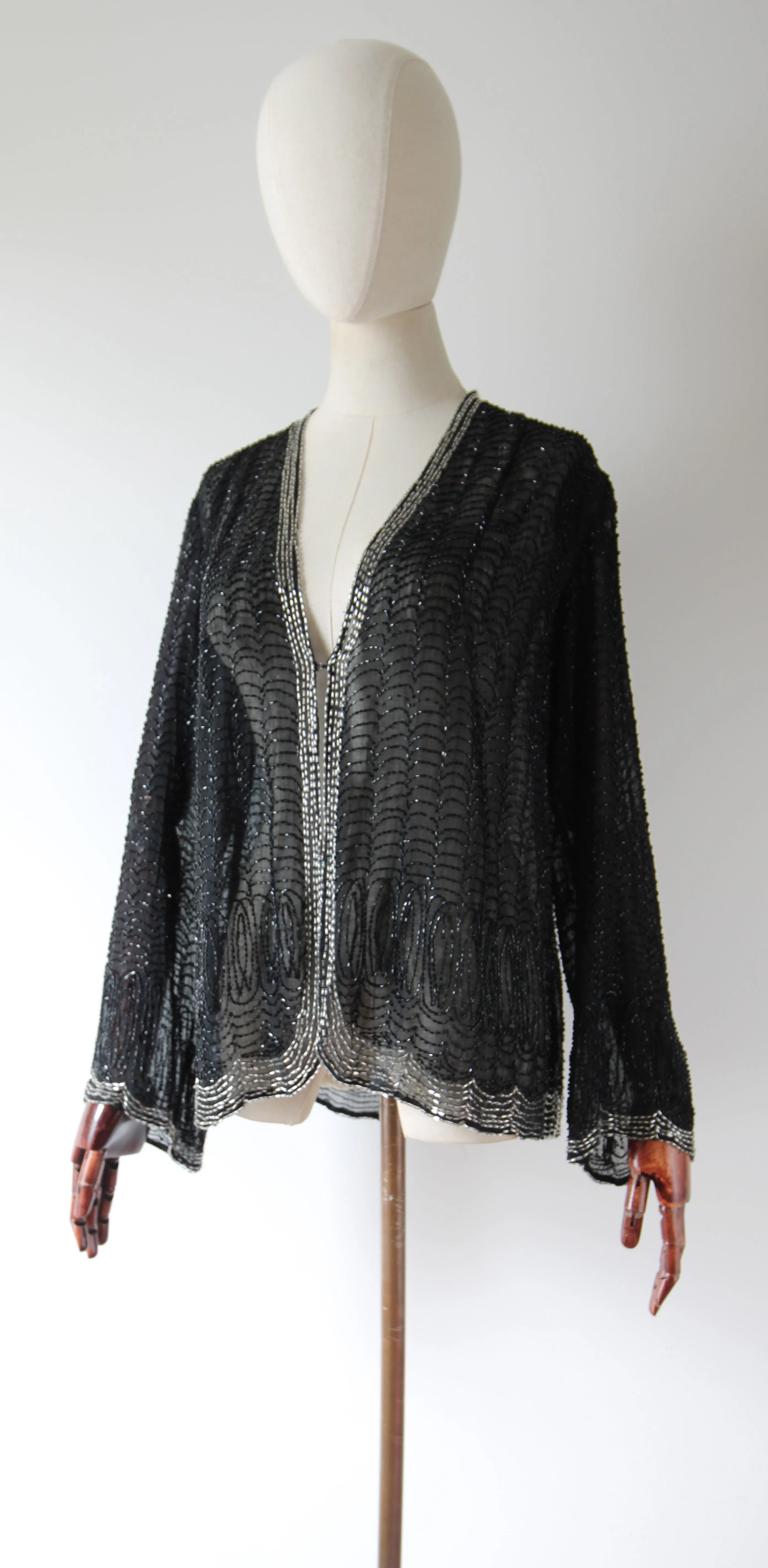 "Midnight Serenade" Vintage 1920's Black & Silver Scalloped Beaded Jacket UK 10-12 US 6-8