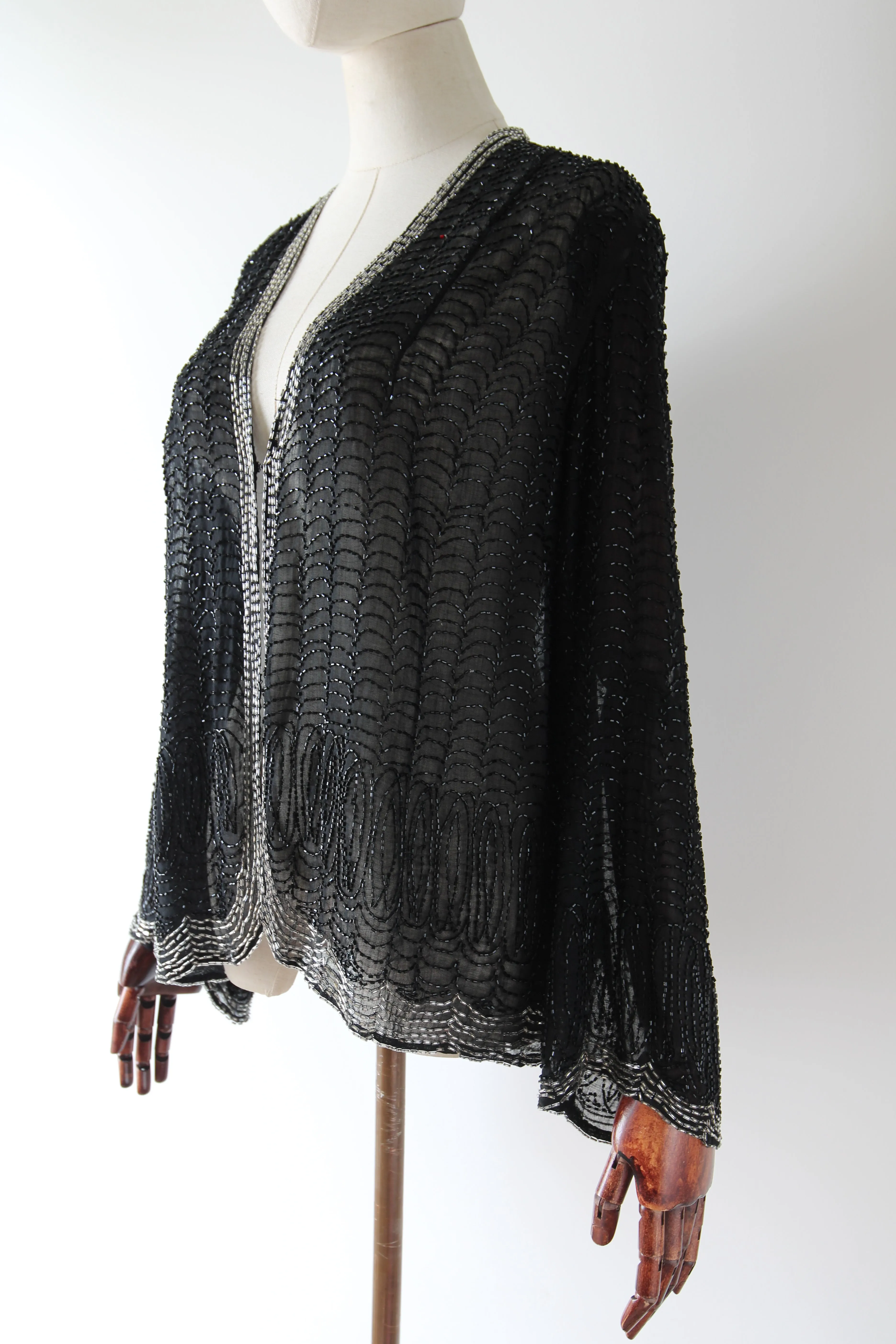 "Midnight Serenade" Vintage 1920's Black & Silver Scalloped Beaded Jacket UK 10-12 US 6-8